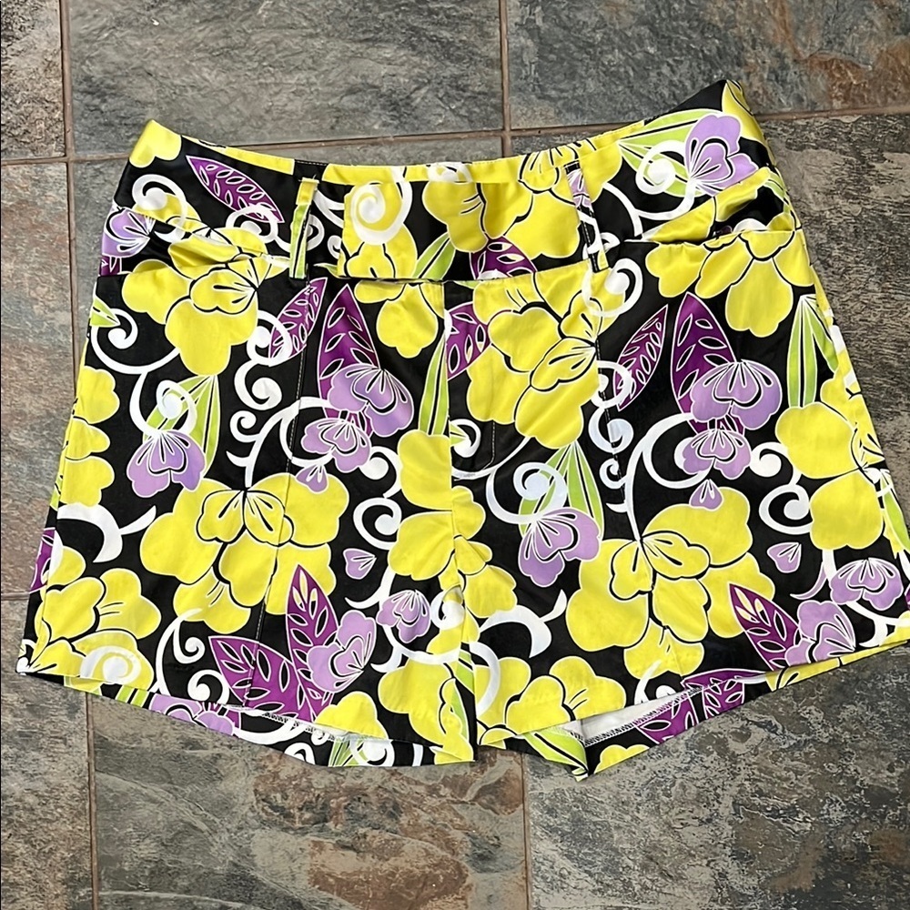 Yellow and Purple Shorts with Vibrant Floral Design